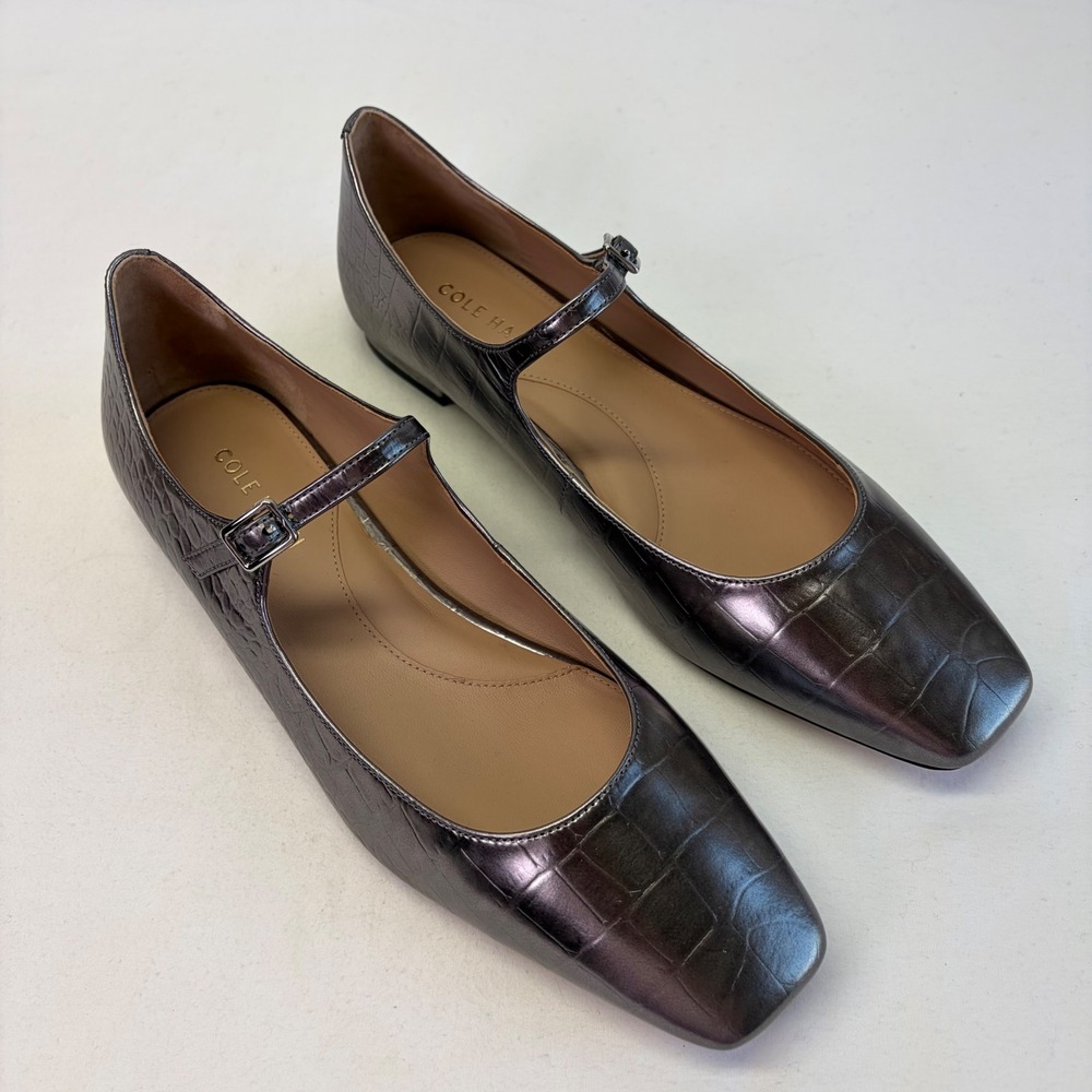 Cole Haan Mary Jane Bridge Flats Women 9B Metallic Croc Embossed Square Toe